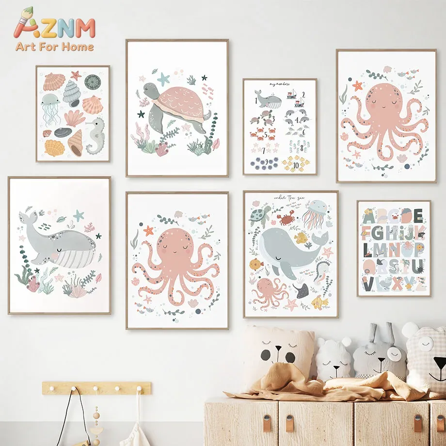 AZNM Nursery Sea Animal Canvas - огляд і ціна Kids Education Alphabet Numbers